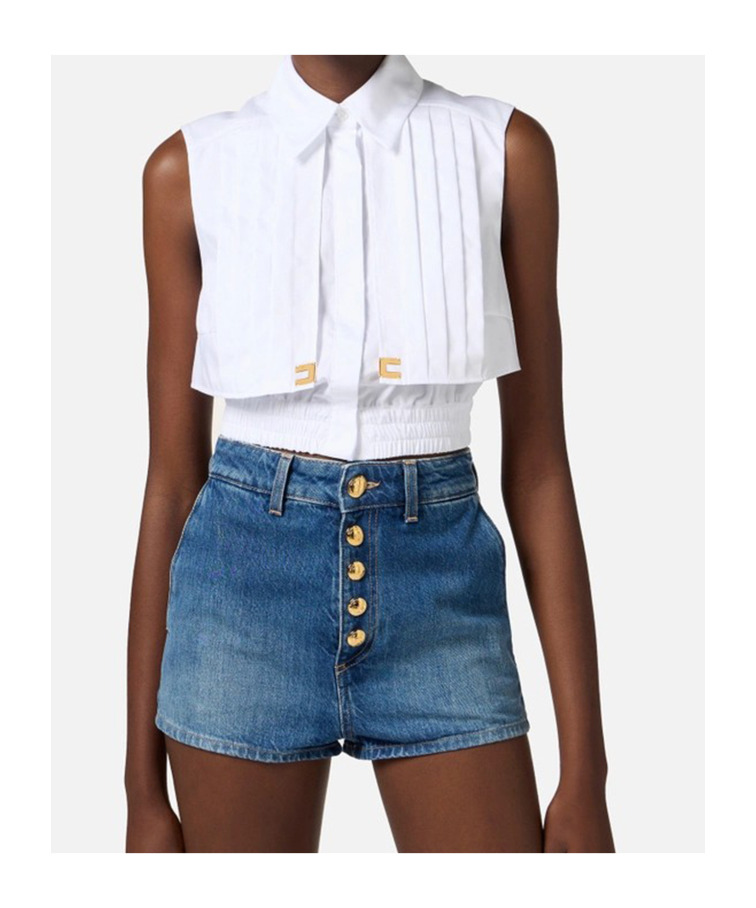 Elisabetta Franchi Collared Sleeveless Shirt Pleated Front In White