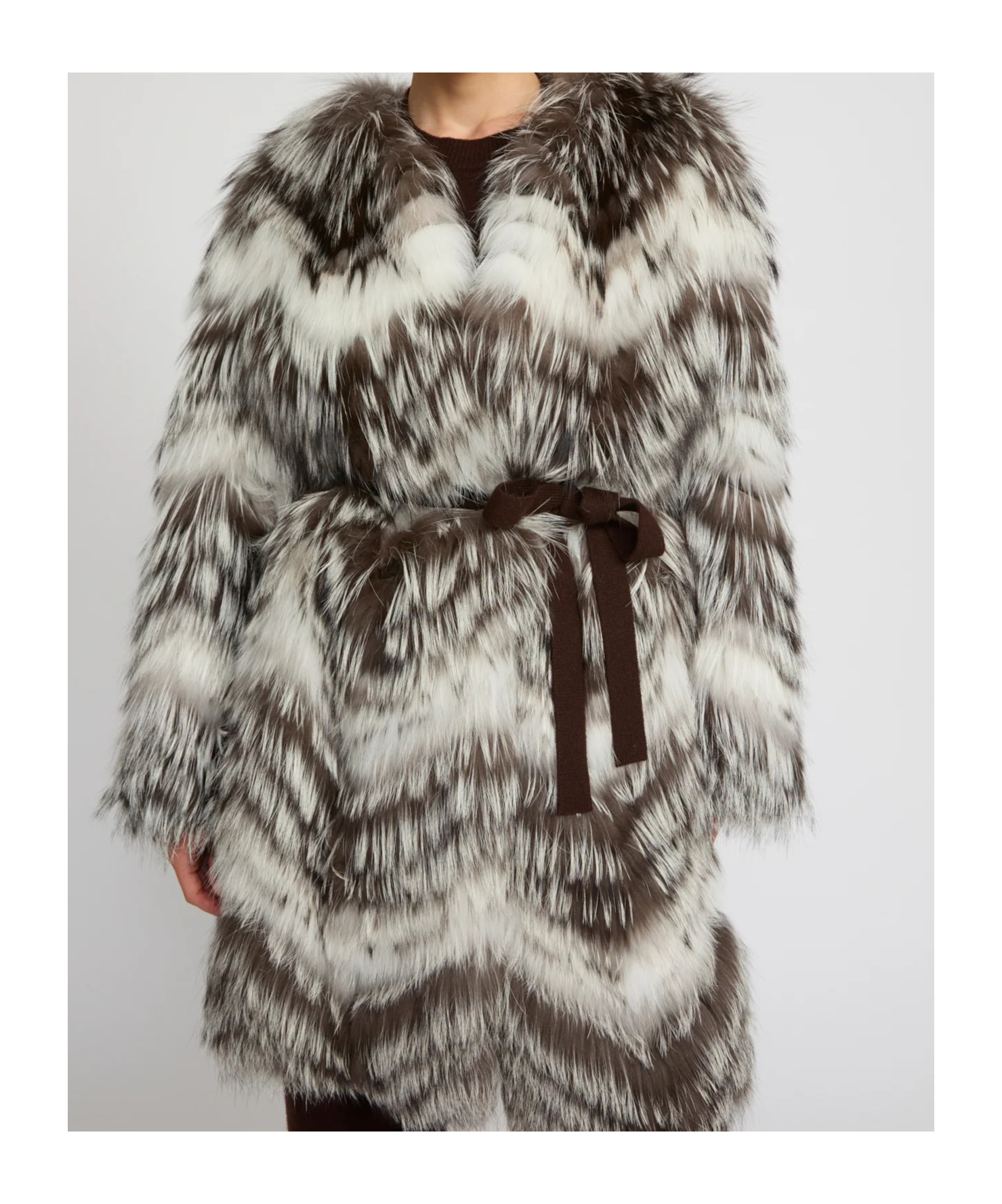 Yves Salomon Belted Coat In Merino Knit And Fox Fur In Multi