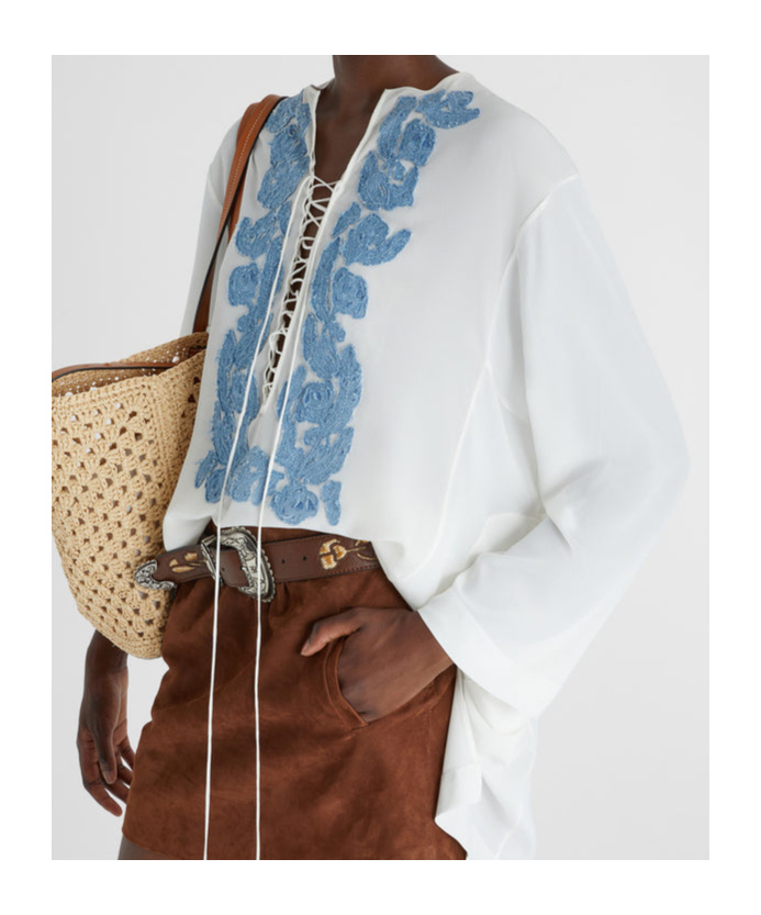 Ermanno Scervino Ivory Silk Blouse With Floral Embroidery And Lace-up Detail In White