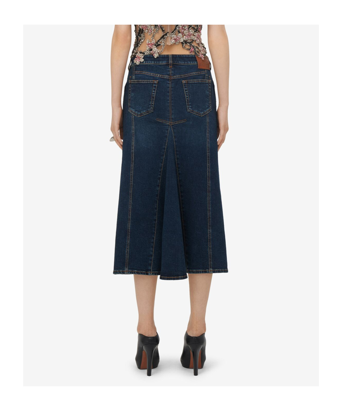 Alexander Mcqueen Log Patch Denim Midi Skirt In Blue