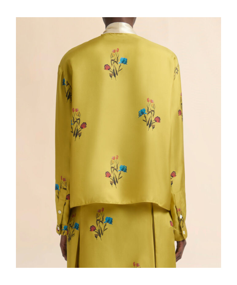 Marni Yellow Silk Twill Shirt With Tulip Print In Gold