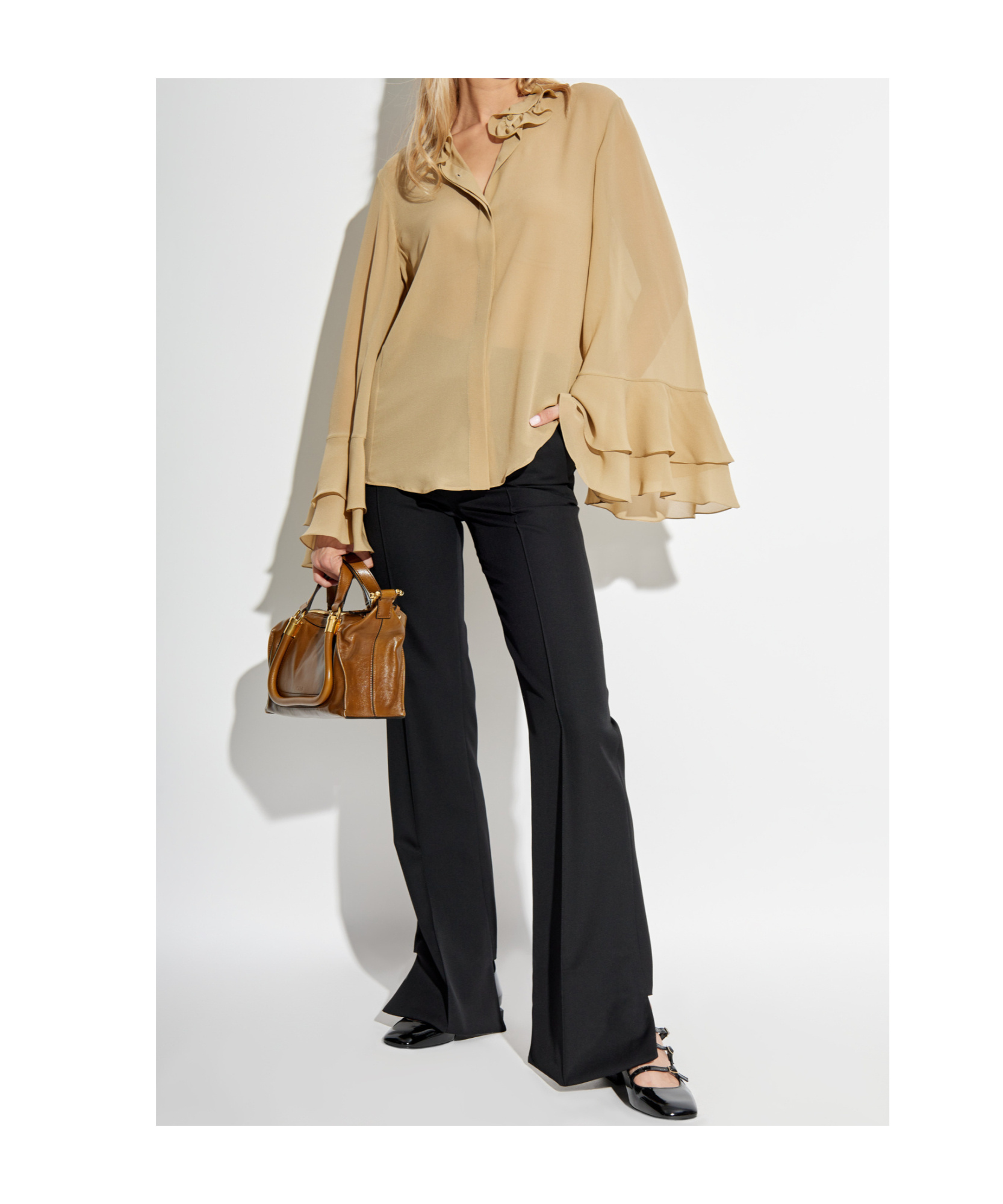 Chloé Silk Long-sleeved Ruffled Blouse In Nude