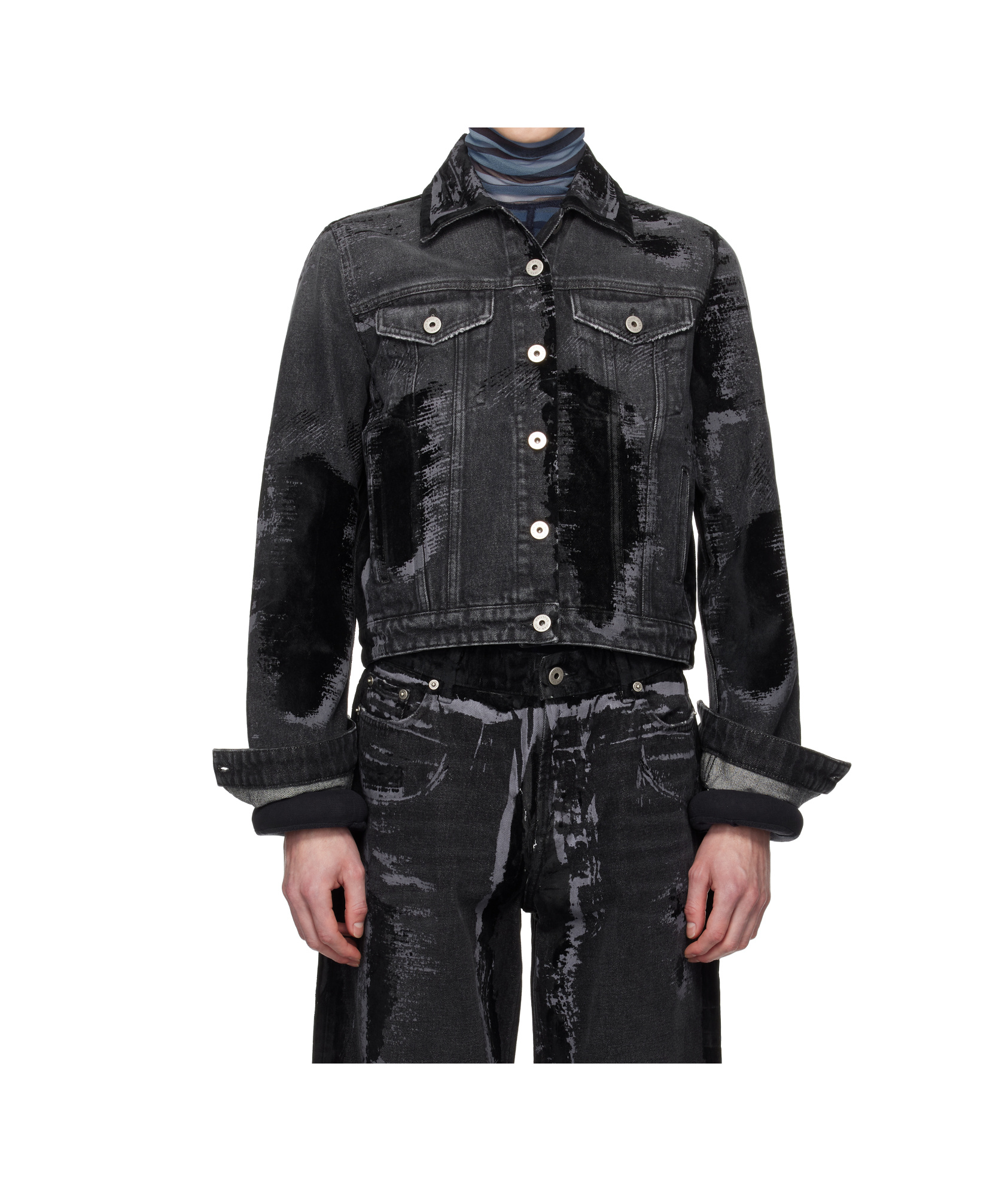 Jean Paul Gaultier Denim Jacket With Black Flock Detailing In Black