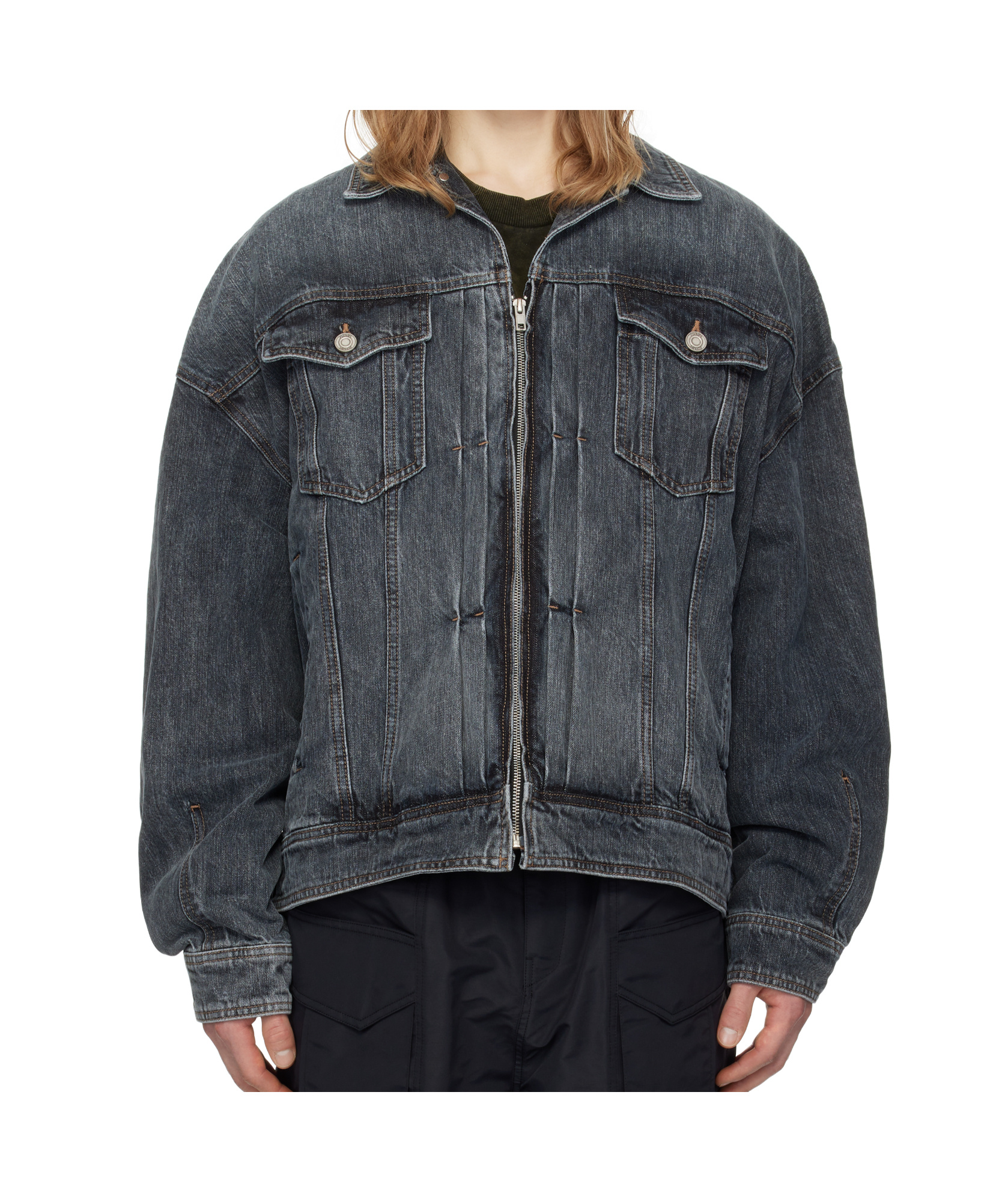 Juunj Gray Zipper Trucker Denim Jacket In Black