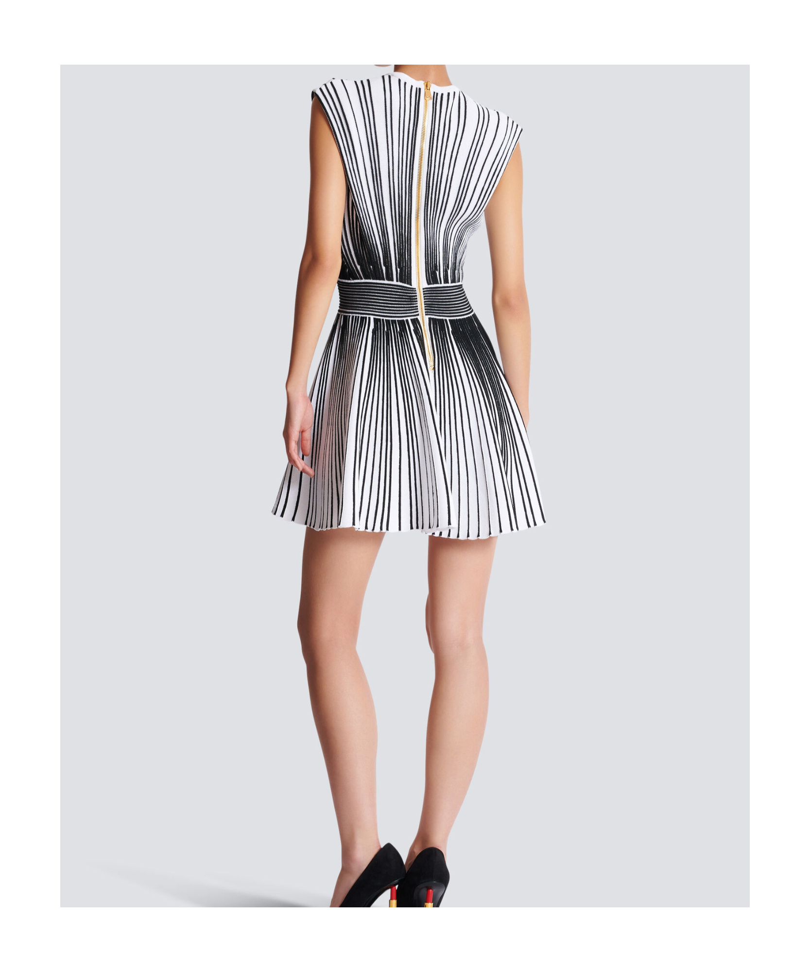 Shop Balmain Two-tone Flared Knit Dress In White