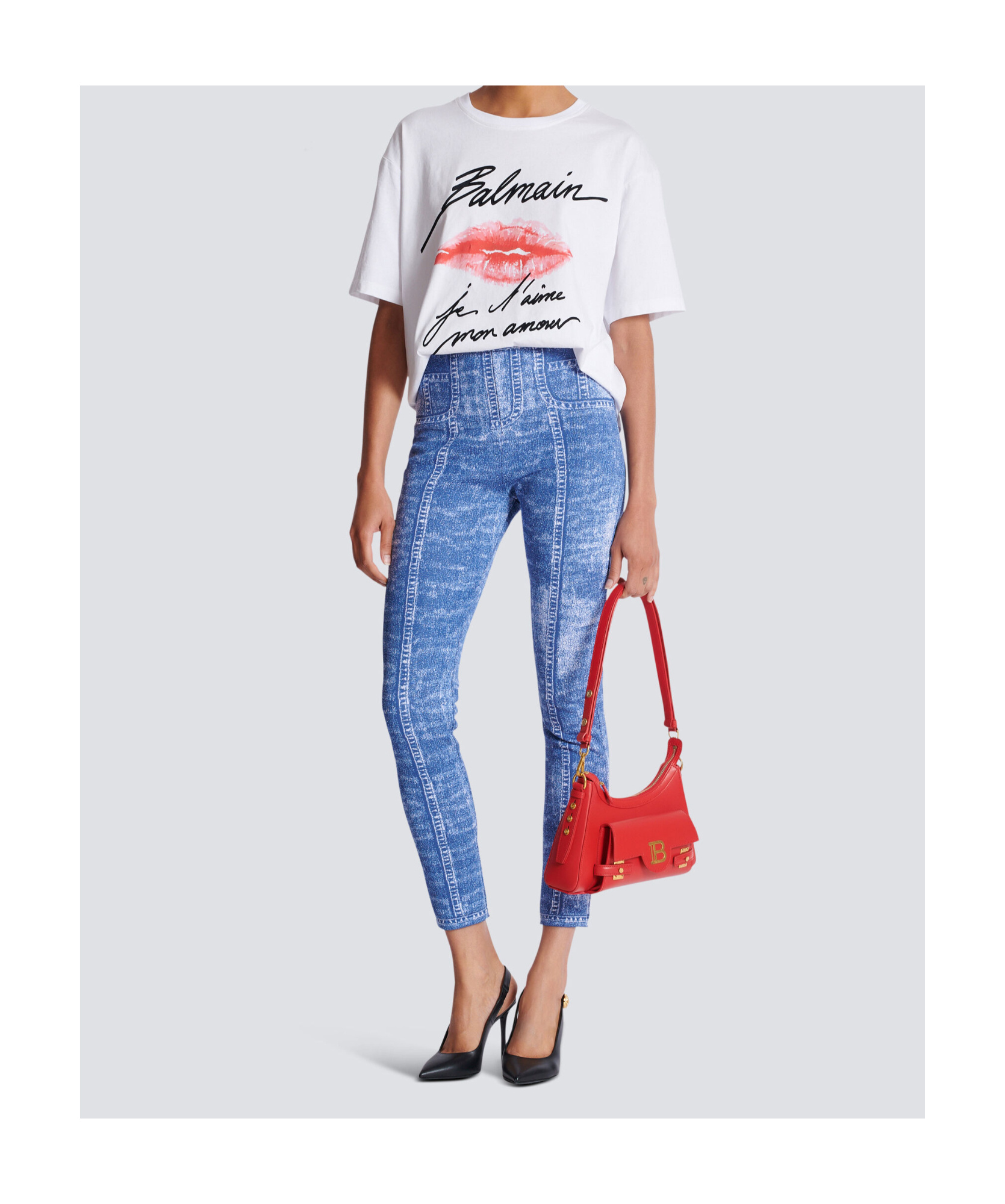 Shop Balmain Jacquard Knit Leggings With Denim Effect In Blue