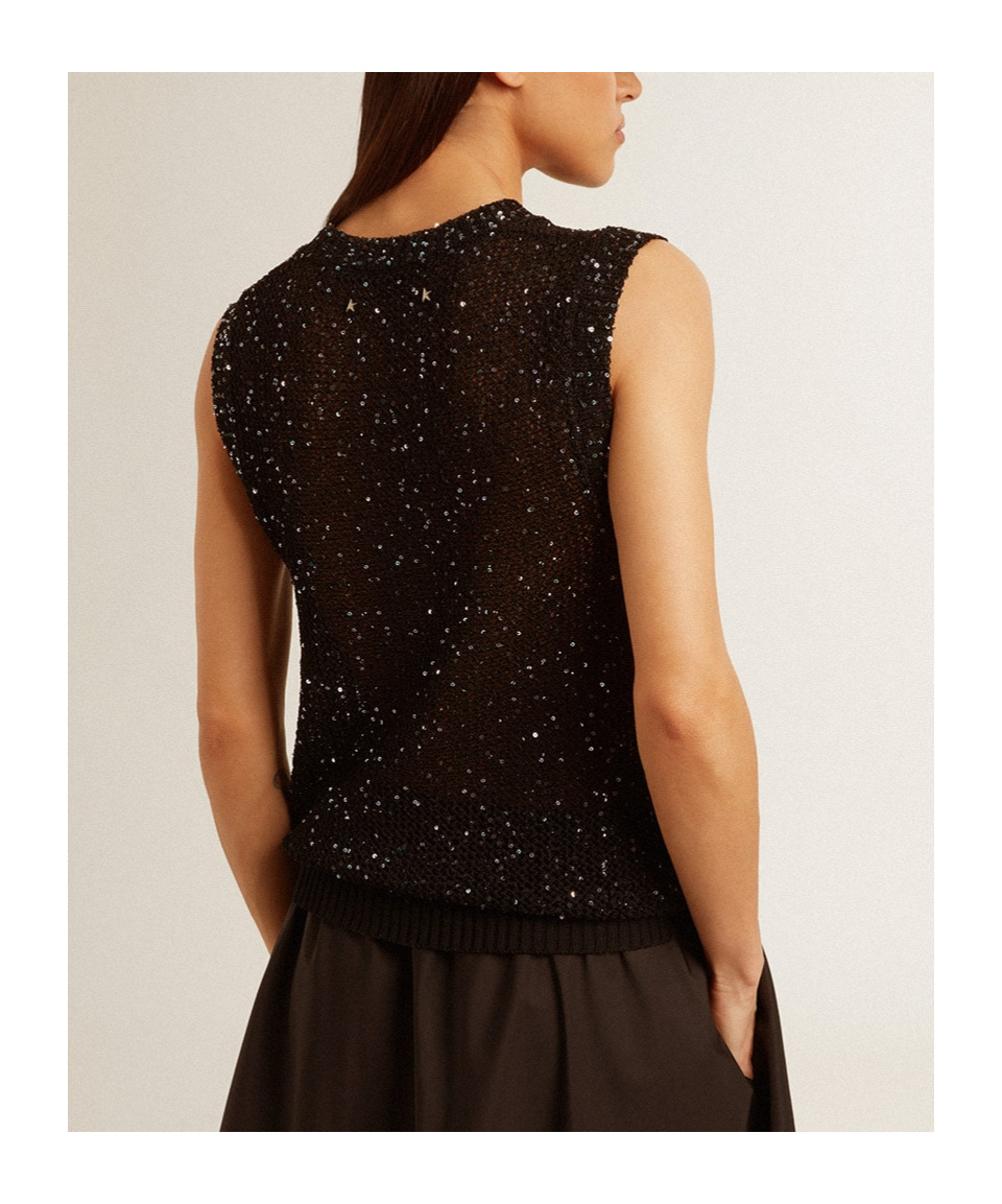 Shop Golden Goose Black Mesh Knit Top With Sequins And Contrasting Details