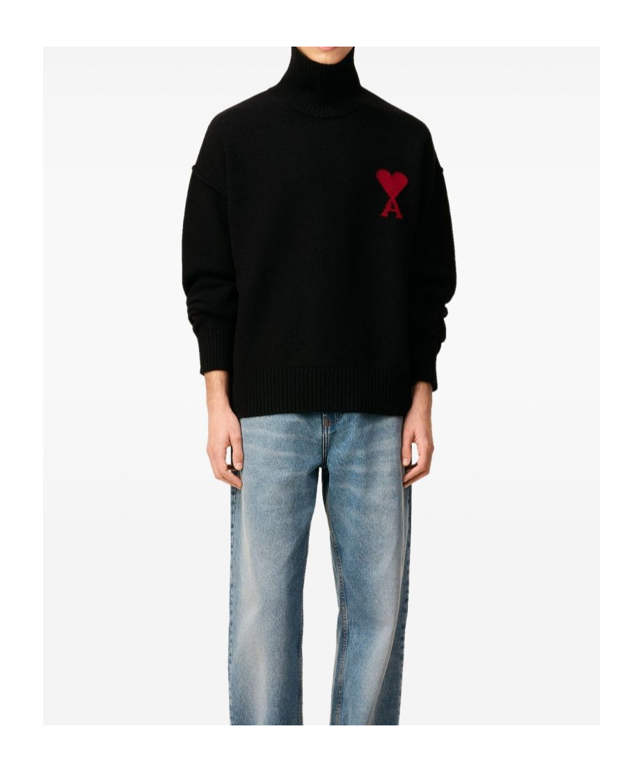 Ami Alexandre Mattiussi Ami Paris Funnel-neck Sweater With Heart Intarsia Design In Black