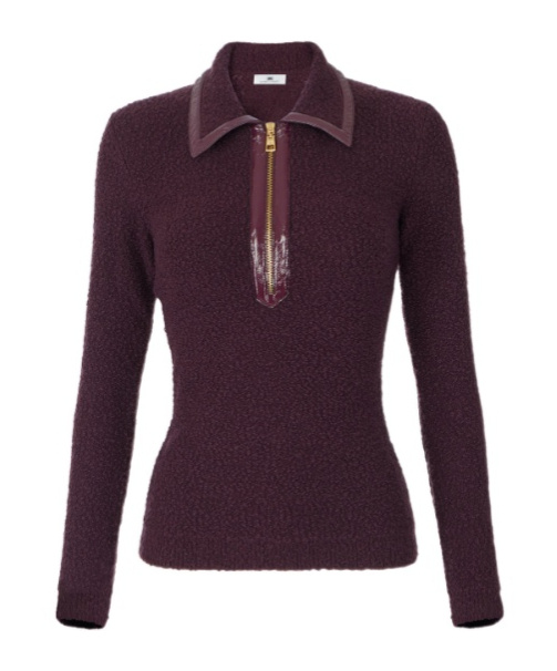 Elisabetta Franchi Boucle Knit Polo Shirt With Vinyl Details In Burgundy