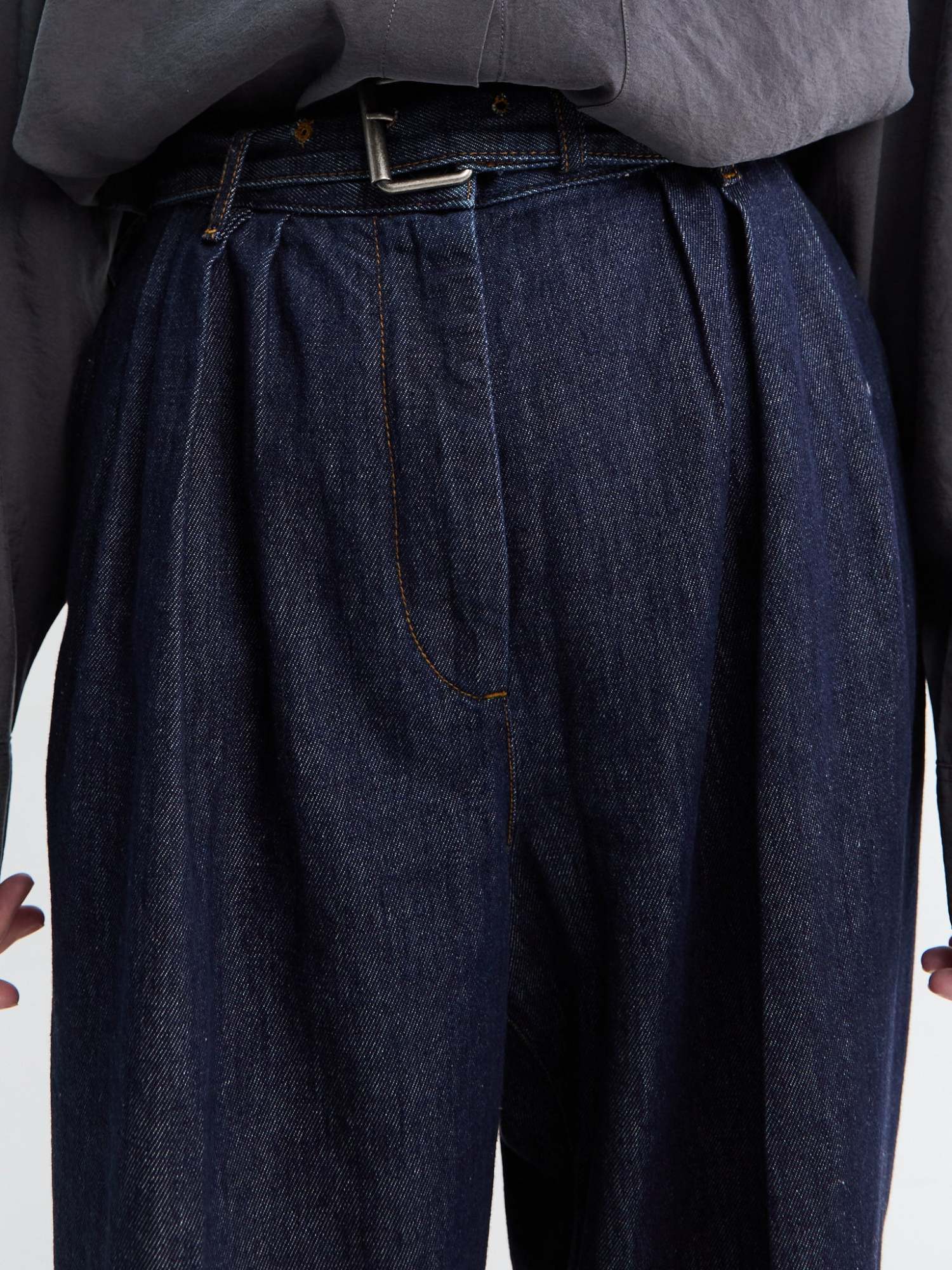 Dries Van Noten High Waist Wide Leg Belted Pleated Jeans In Blue
