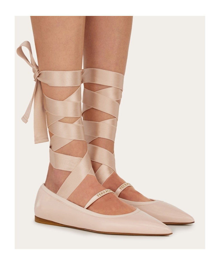 Ferragamo Women Carice Ballet Flat With Ankle Ribbon In Nude