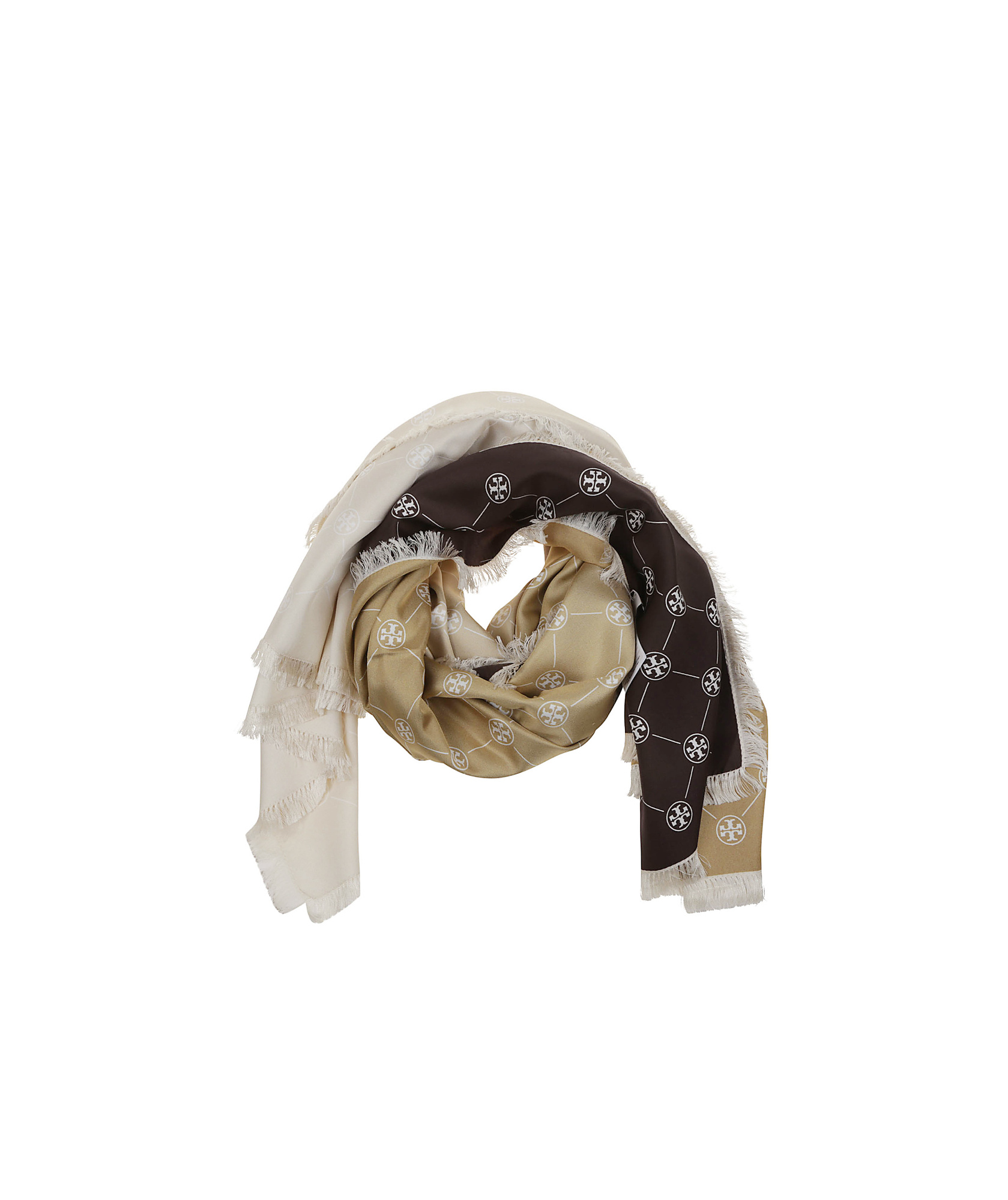 Tory Burch T Monogram Silk Oblong Scarf In Tan Chocolate