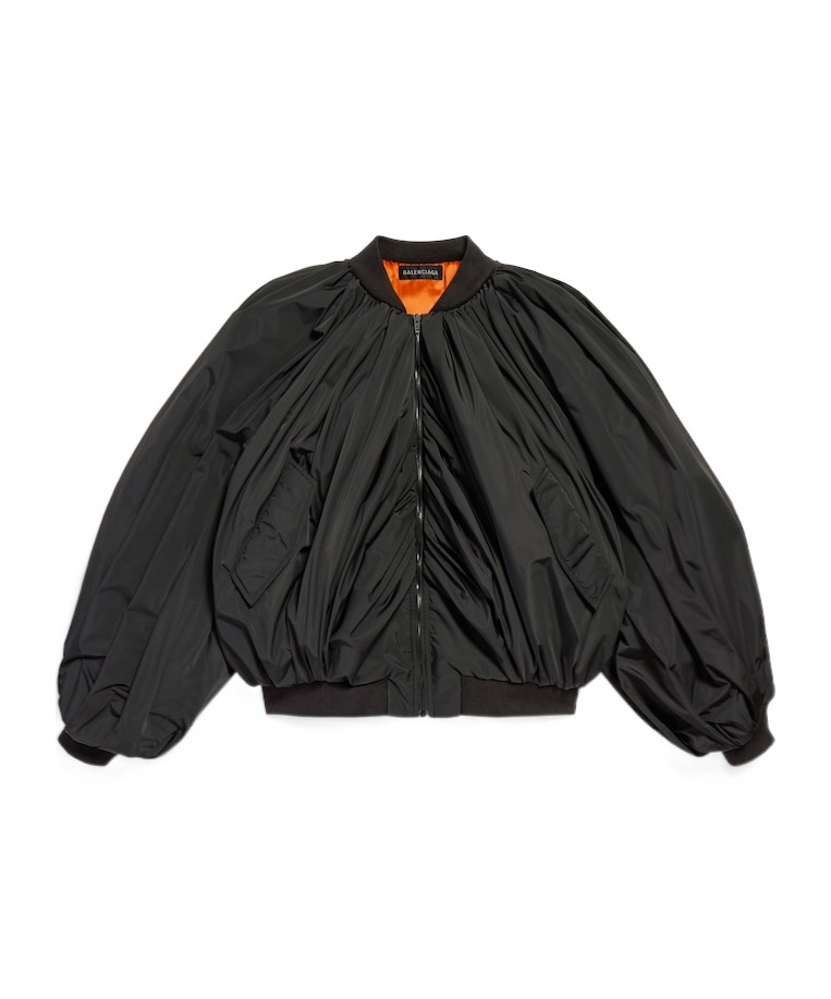 Balenciaga Black Bomber Draped Jacket With Elastic Rear Hem In Tech Fabric Woman In Black