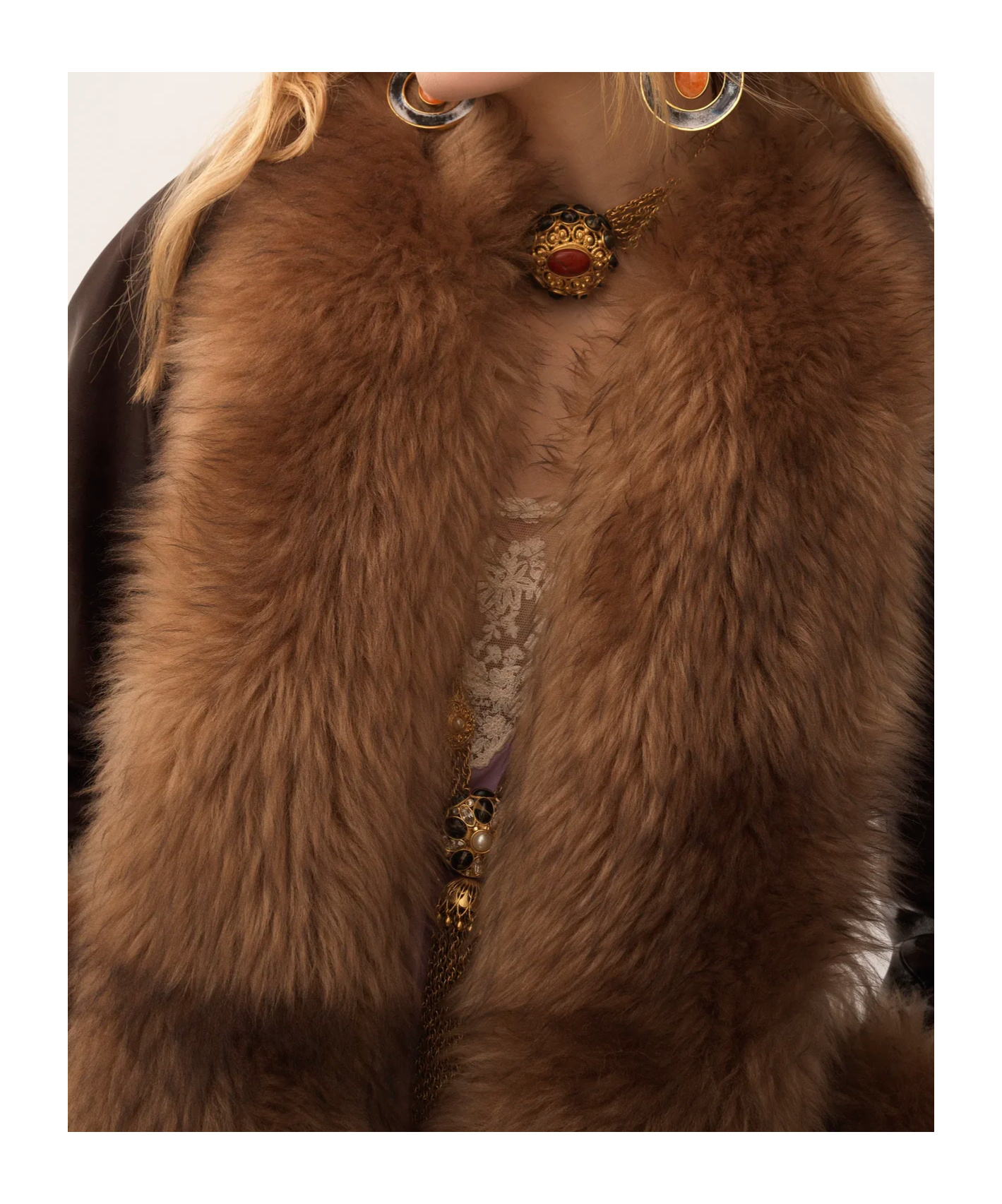 Chloé Lamb Shearling-trim Shiny Leather Long Coat In Brown