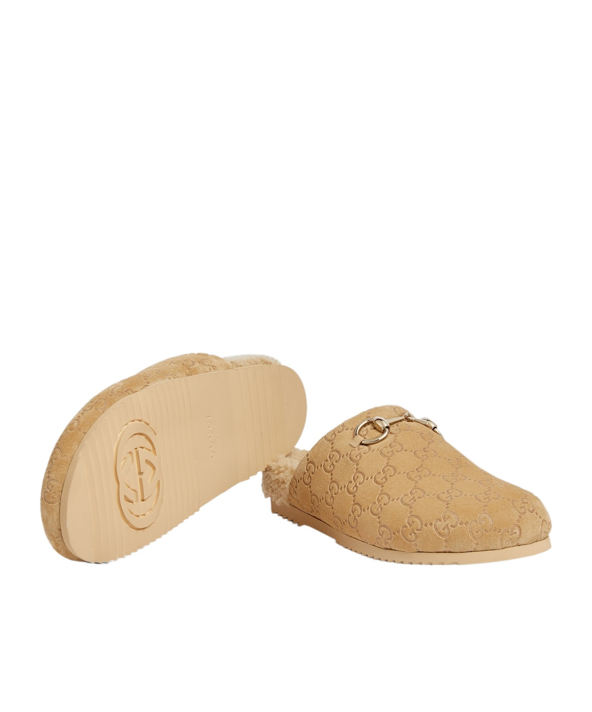 Gucci Horsebit Gg Suede Shearling Mules In Nude
