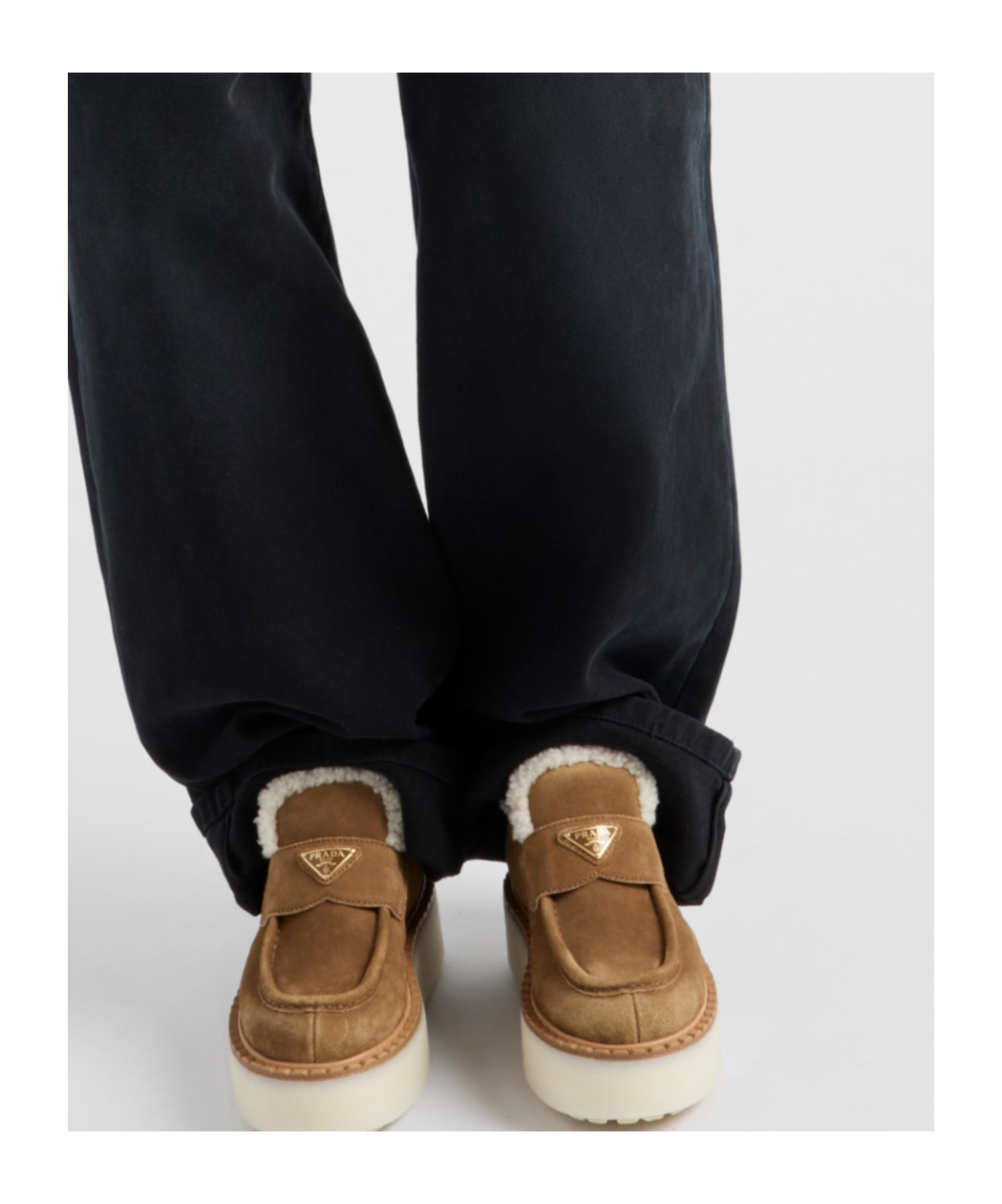 Prada Suede Shearling Flatform Loafers In Cinnamon