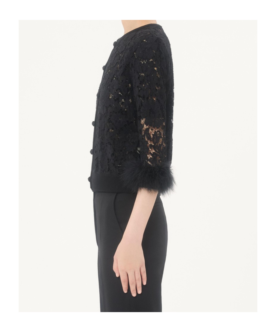 Valentino Feather-trimmed Cotton Corded Lace Cardigan In Black