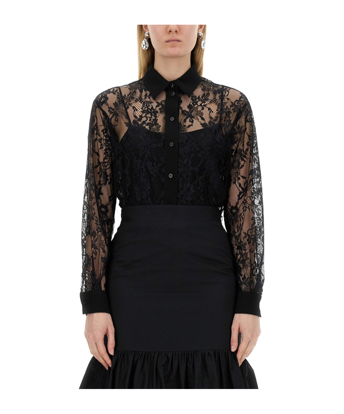 Moschino Black Lace Shirt With Intricate Floral Patterns In Black