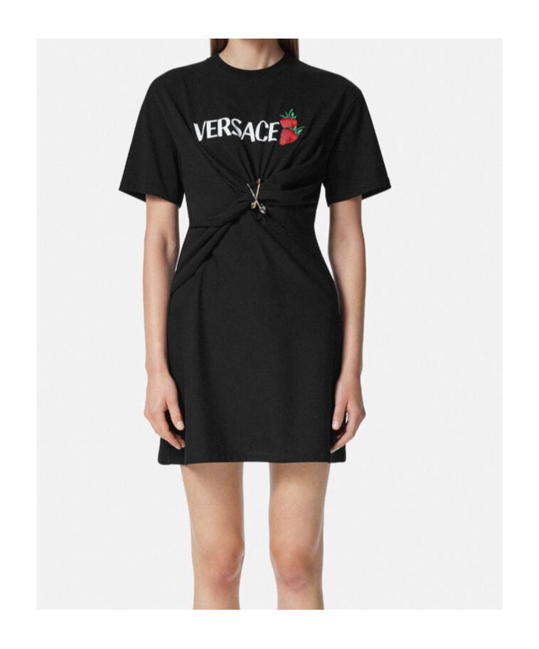 Versace Safety Pin Embroidered Mini T-shirt Dress In Black