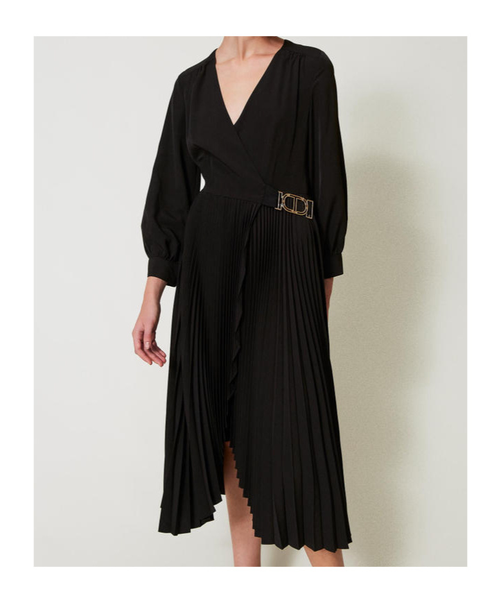 Shop Twinset Pleated Crepe Midi Dress In Black