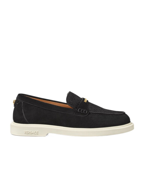 Versace Suede Greco Monogram Loafers In Black