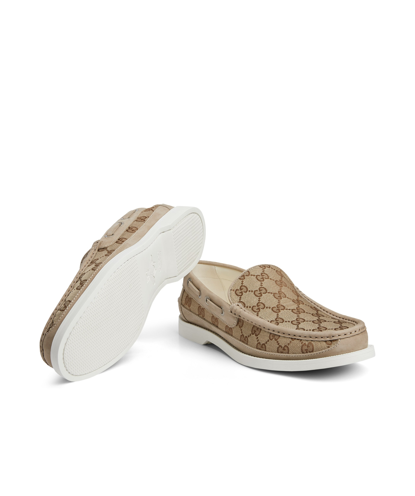 Gucci Gg Canvas Leather Loafers In Nude