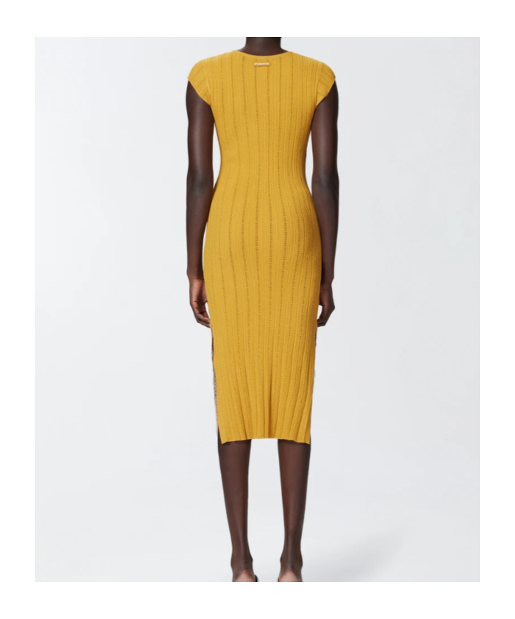 Pinko Knit Midi Dress With Openwork In Yellow