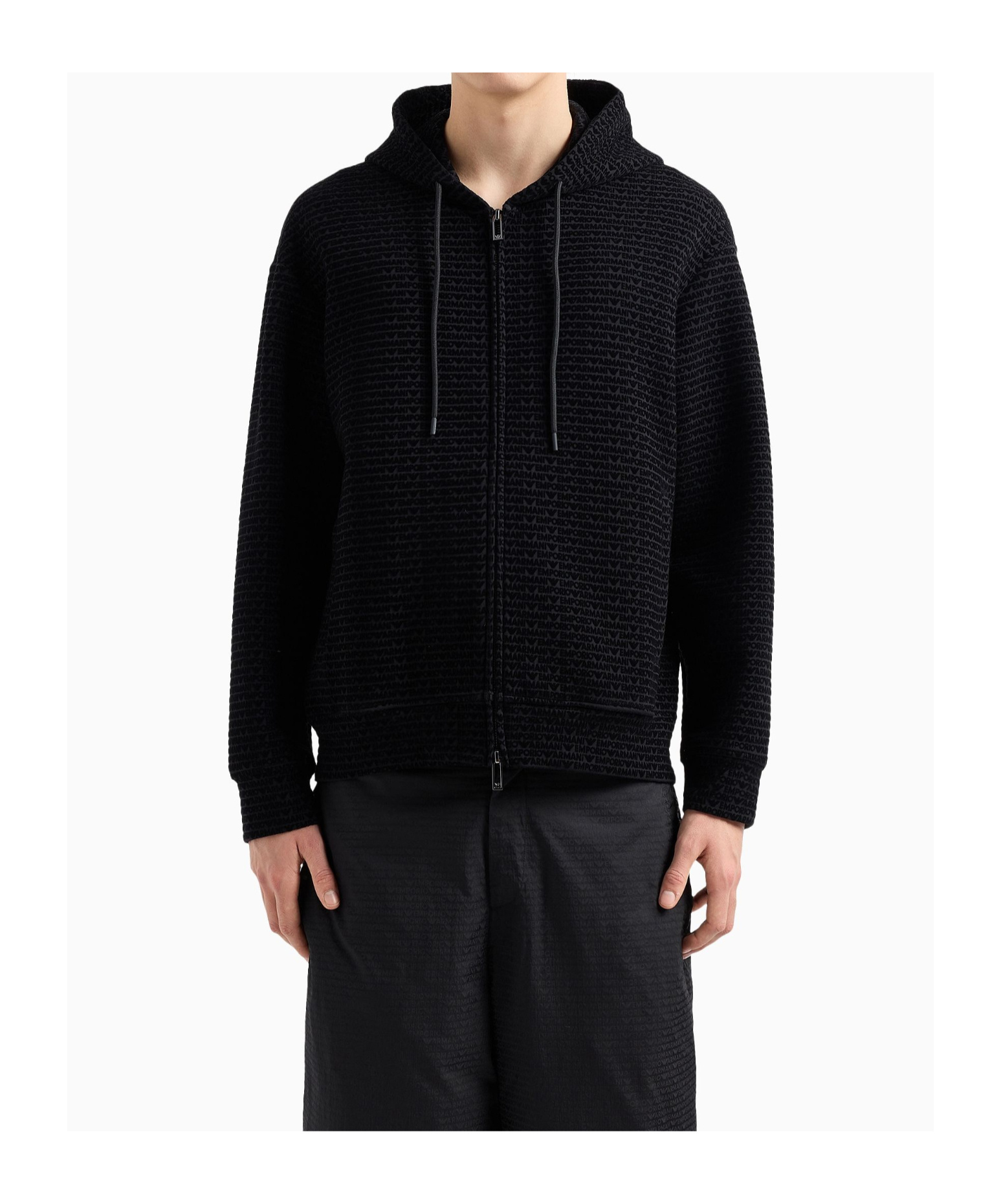 Emporio Armani Flocked-logo Double-jersey Zip-front Hoodie In Black