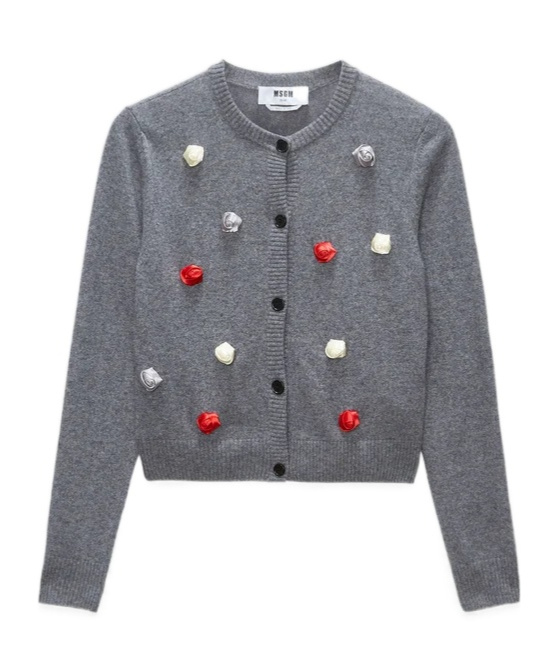 Msgm Rose-appliqu� Knitted Cardigan In Gray