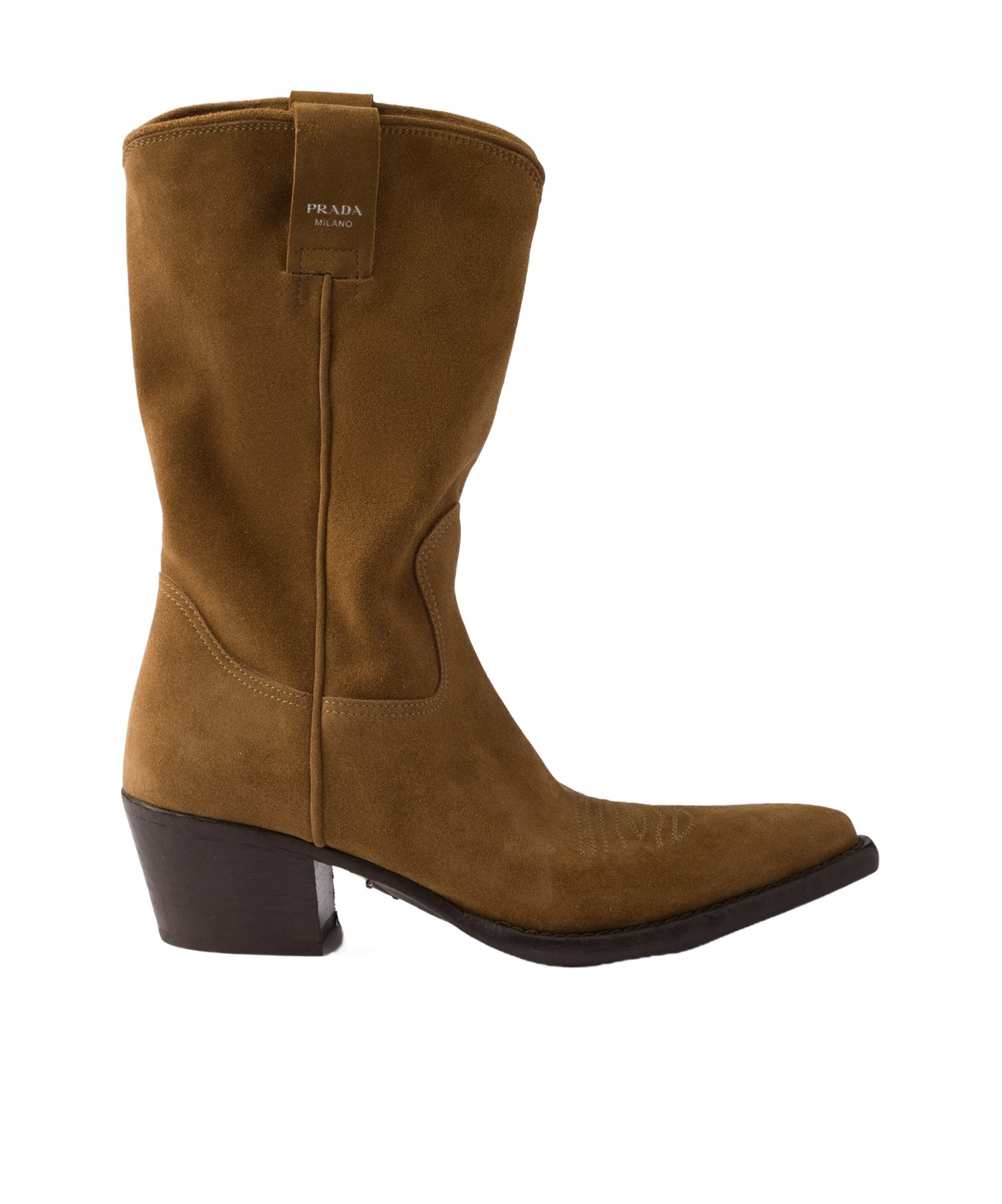 Prada Suede Leather Block Heel Mid-calf Boots In Tobacco Color