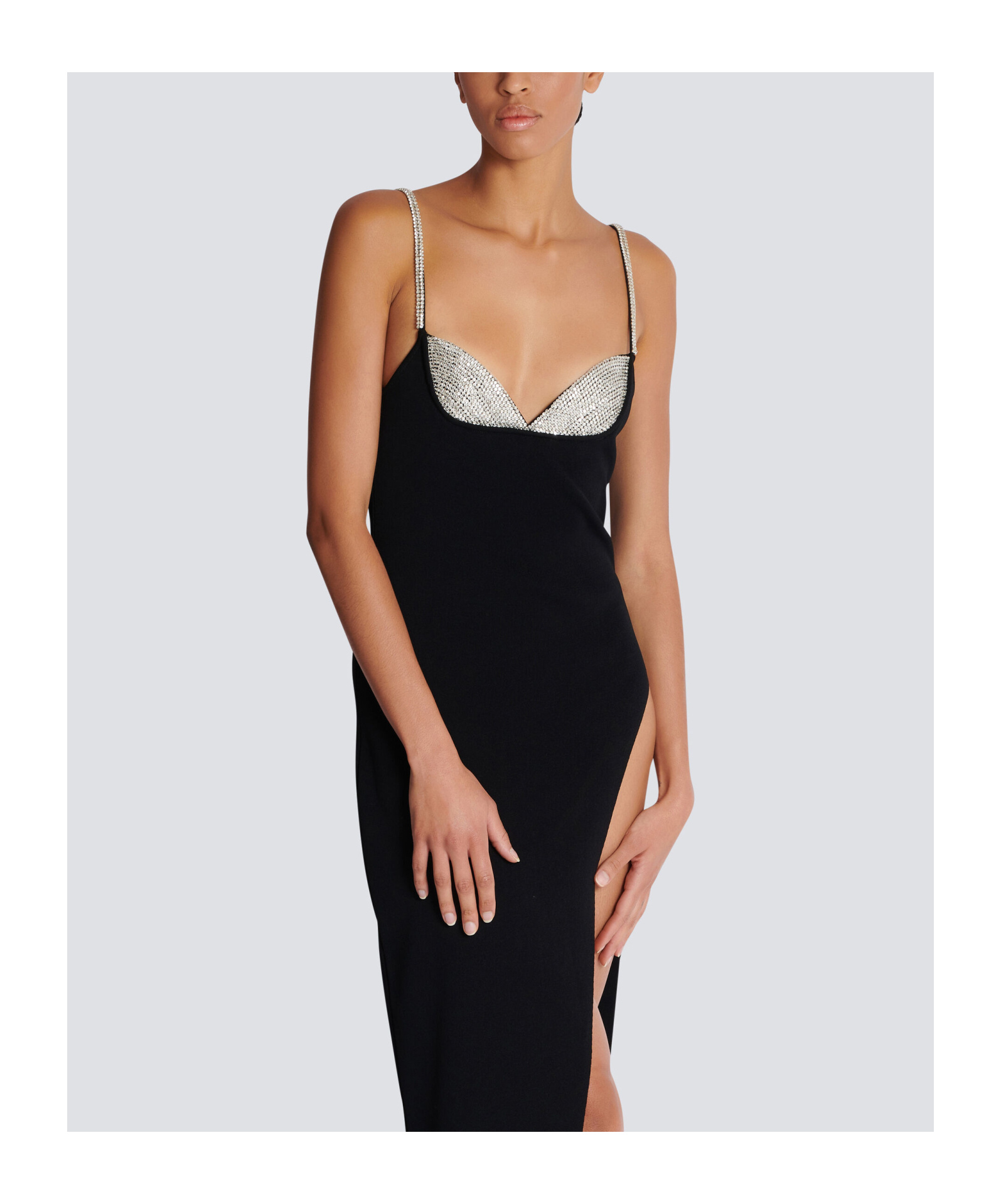 Balmain Long Embroidered Knit Dress With Leg Slit In Black
