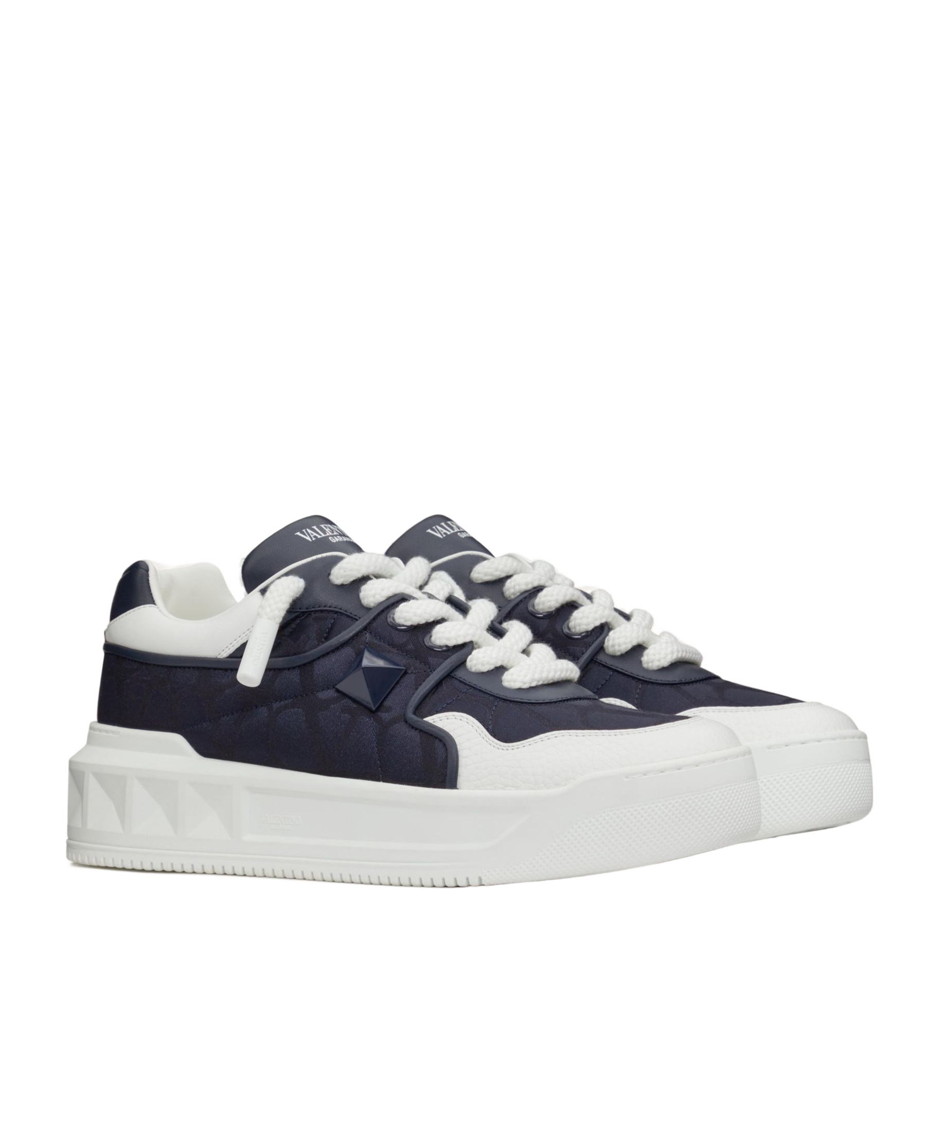 Valentino One Stud Xl Low-top Sneaker In Nappa Leather And Jacquard Toile Iconographe Technical Fabric In White