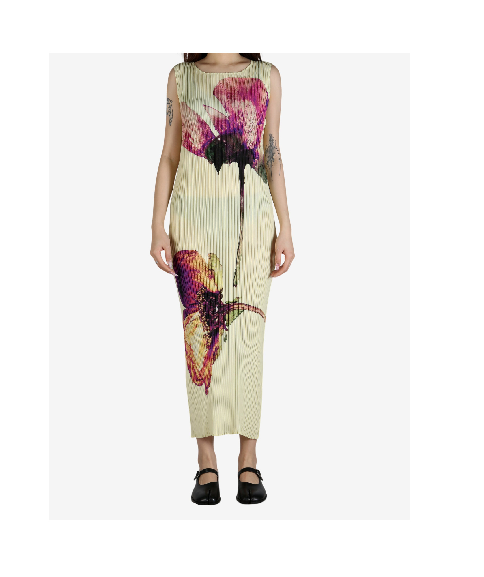 Issey Miyake Yellow Pressed Flora Pleats Maxi Dress In Nude