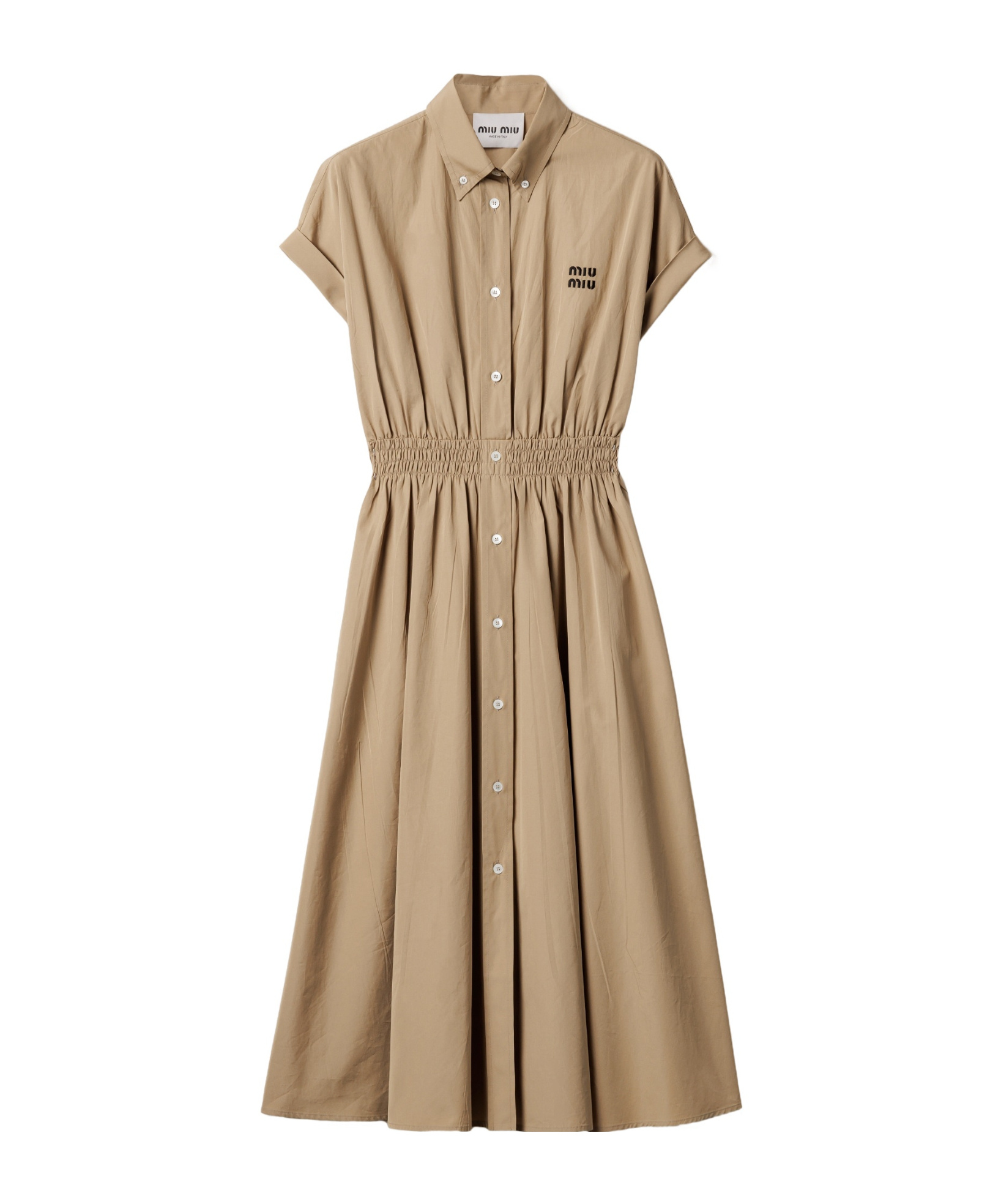 Miu Miu Poplin Shirt Dress Waist Gathering Detail In Brown