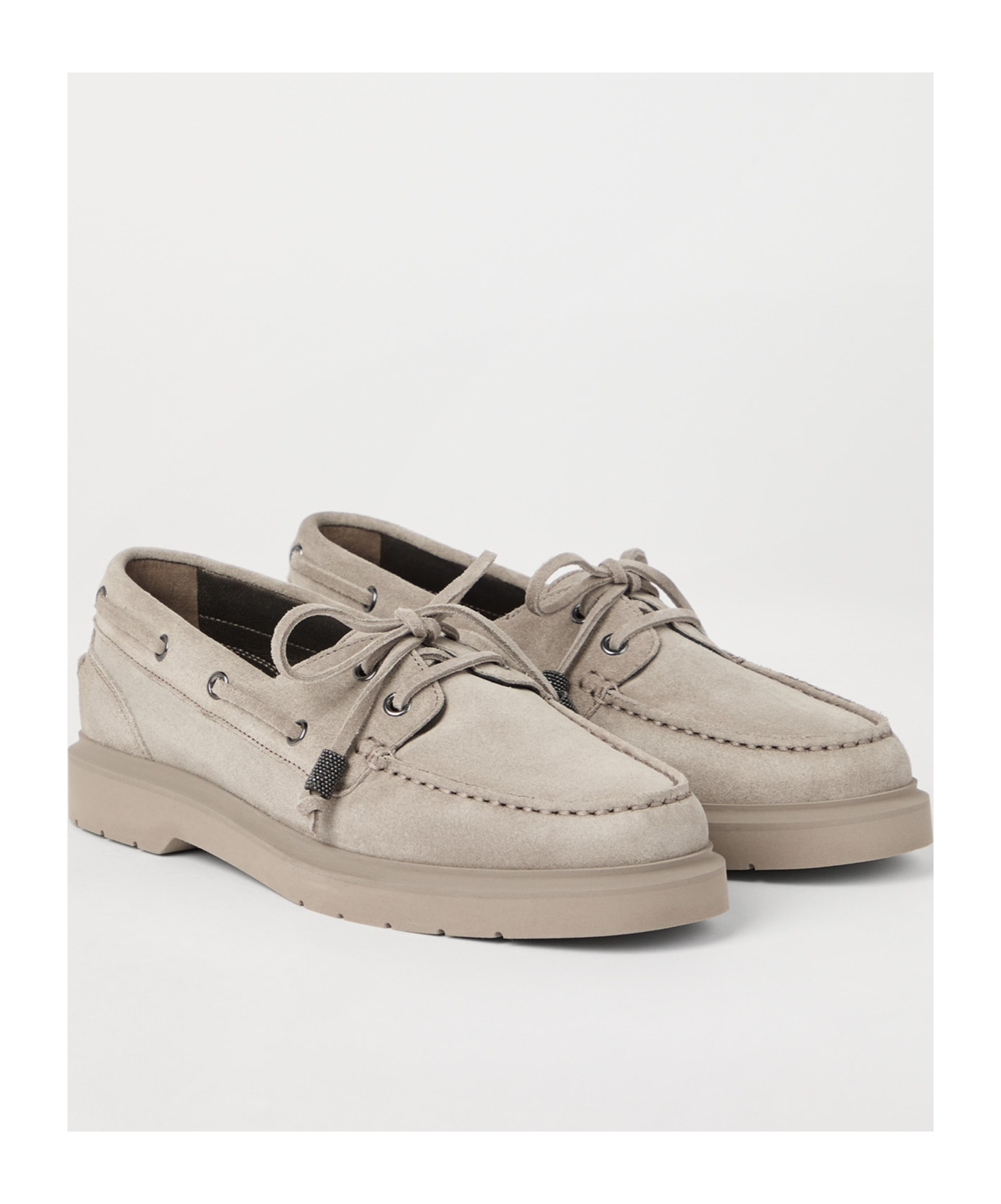 Brunello Cucinelli Taupe Grey Boat Moccasins With Monili Chain In Neutral