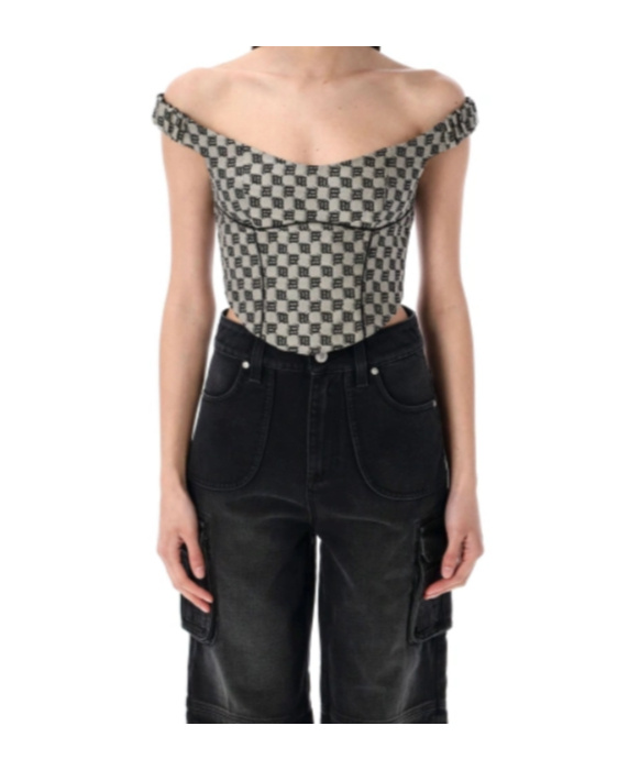 Misbhv Monogram Canvas Corset Top With Open Shoulders In Gray