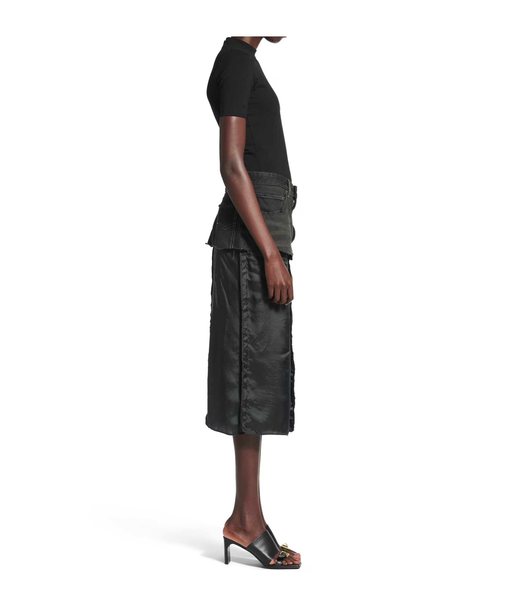 Balenciaga Denim-panel Midi Skirt In Black