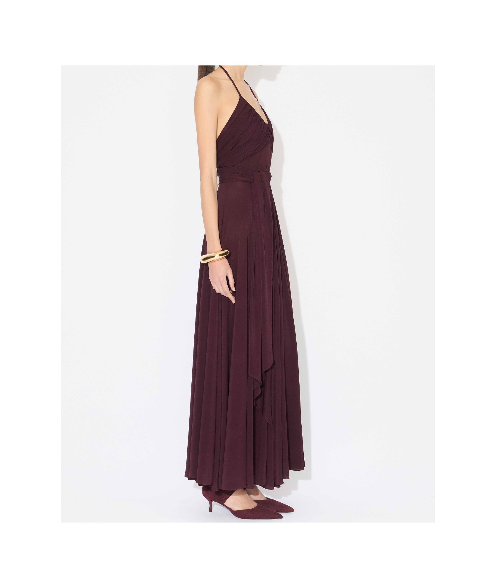 Alaïa Long Burgundy Draped Jersey Dress In Burgundy