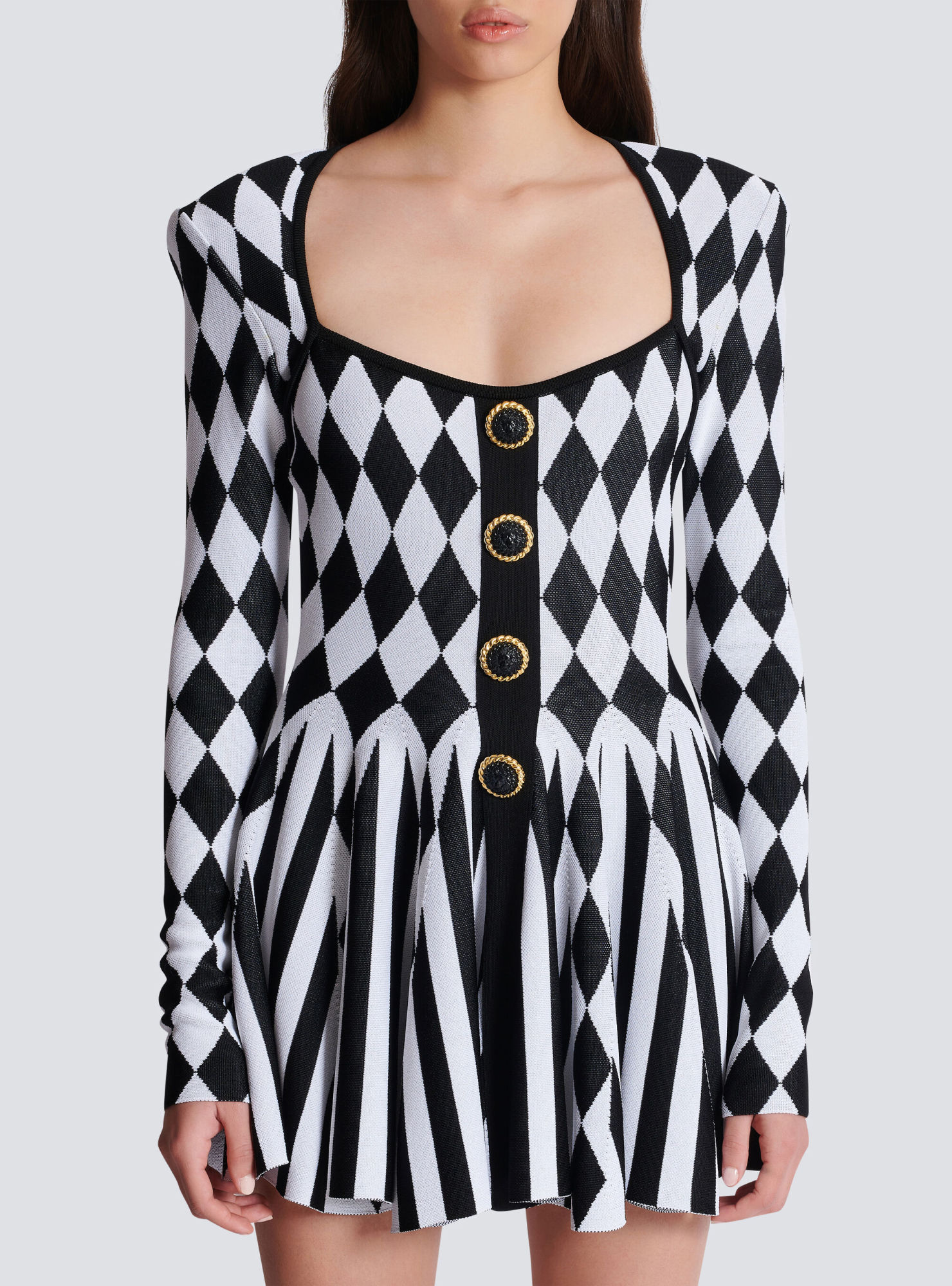 Balmain Diamond-intarsia Knitted Mini Dress In Black