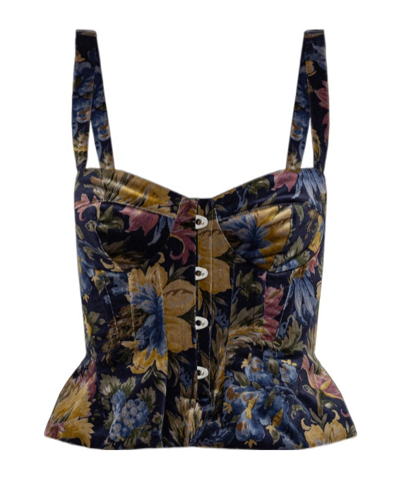 Etro Cotton Velvet Corset Top With Floral Overprint In Blue
