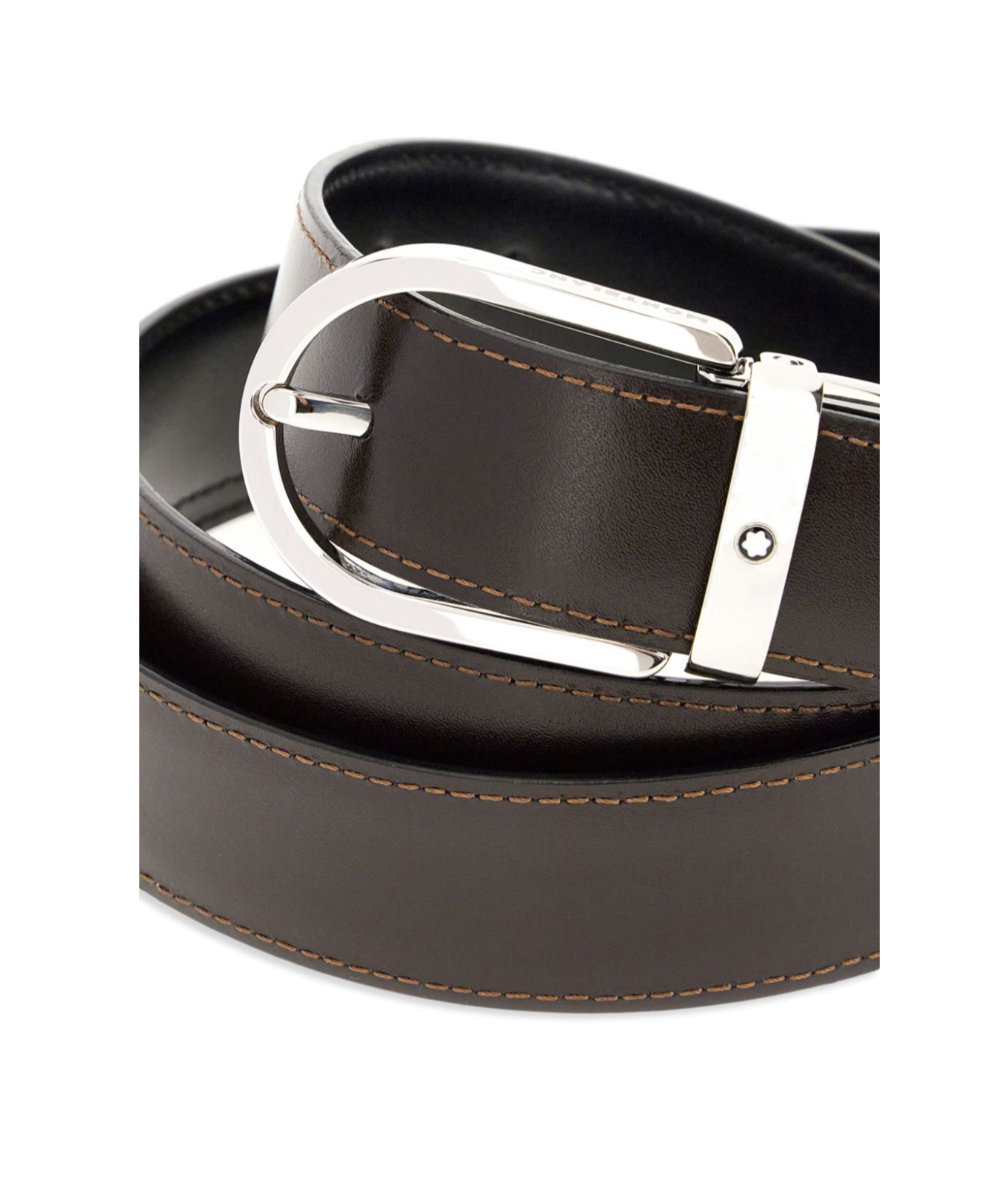 Montblanc Horseshoe Shiny Palladium Finish Pin Buckle Belt In Black