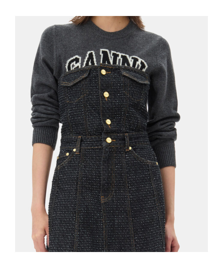 Ganni Black Fluffy Denim Corsage Maxi Dress In Black