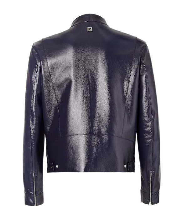 Fendi Leather Jacket Front Pockets Snap Button Cuffs In Blue
