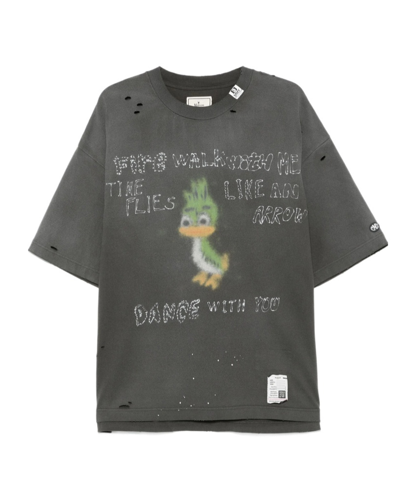 Miharayasuhiro Crew Neck Distressed Graphic Print T-shirt In Gray