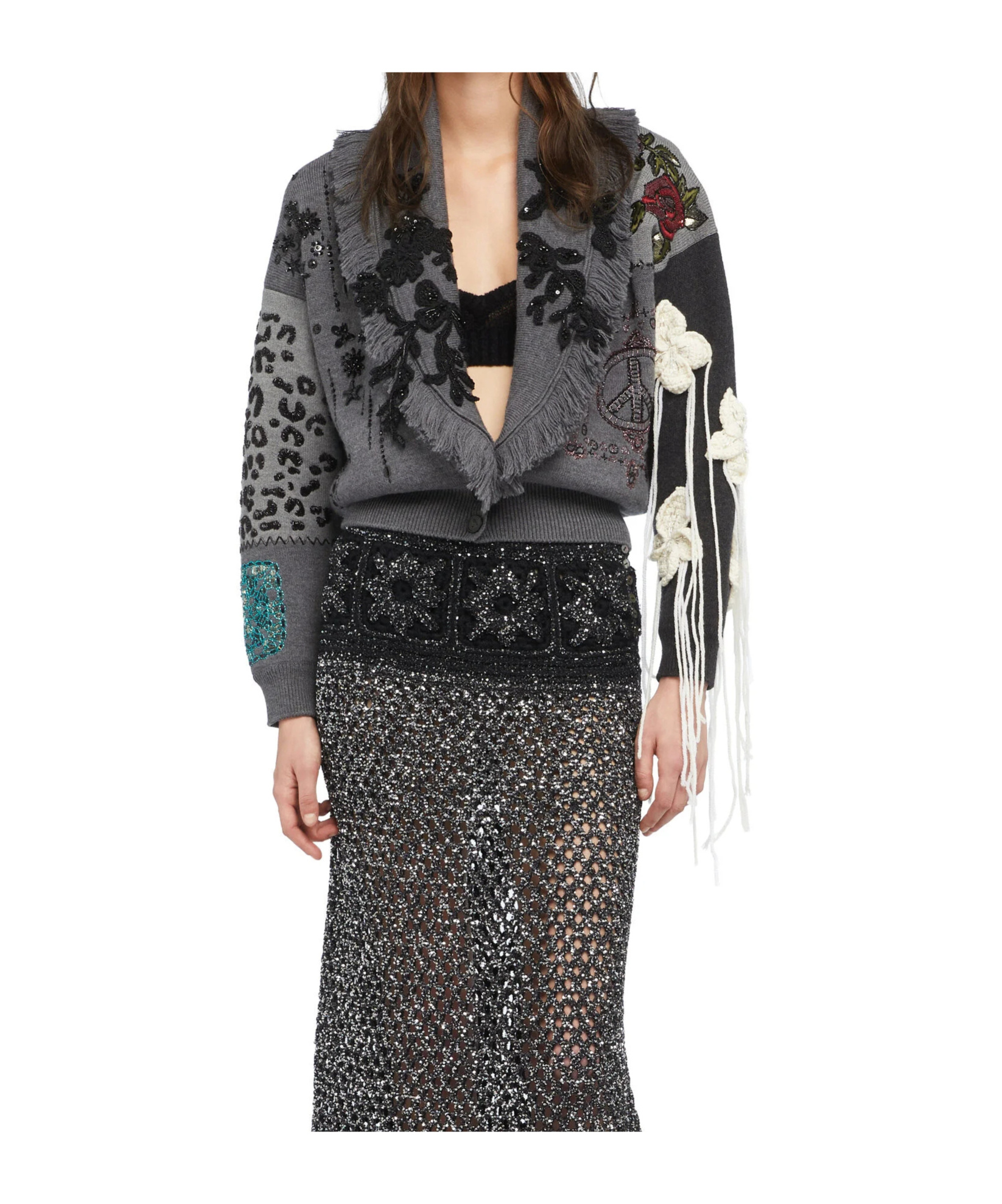 Alanui Midnight In Manhattan Embellished Fringed Cardigan In Gray