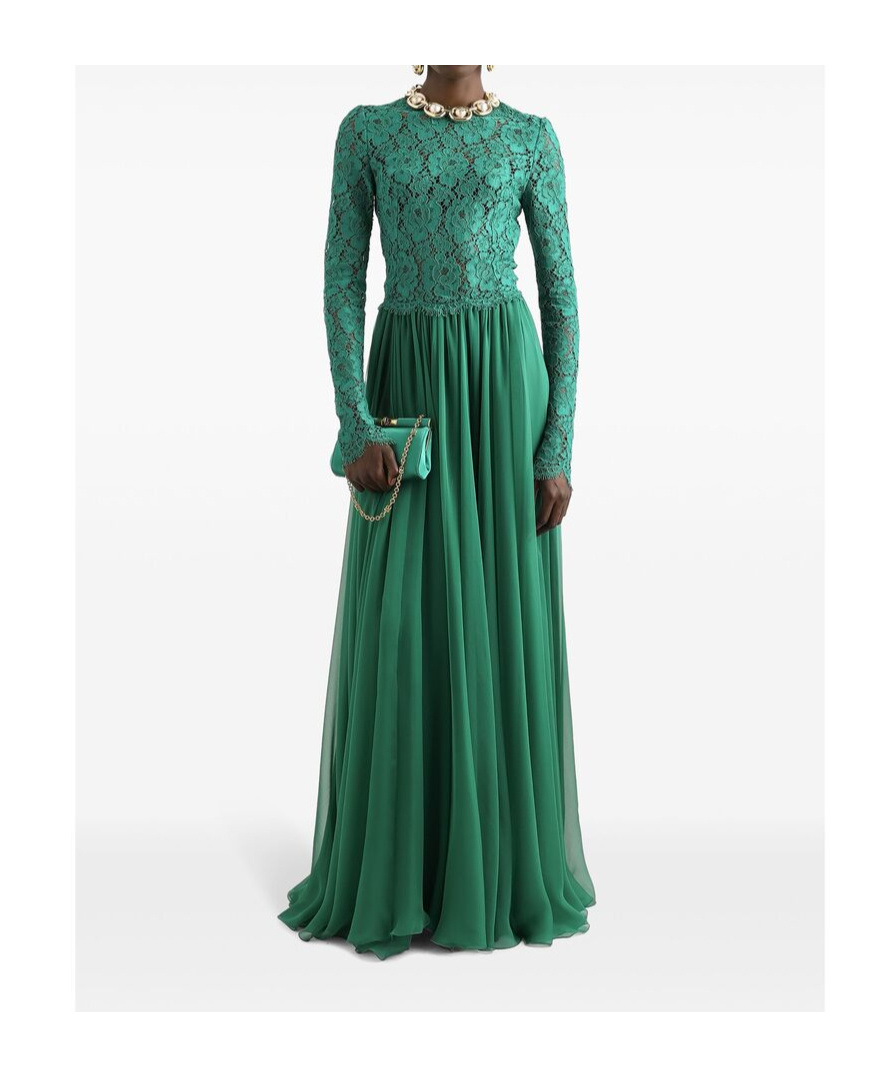 Dolce & Gabbana Silk-blend Lace And Pleated Chiffon Gown In Green