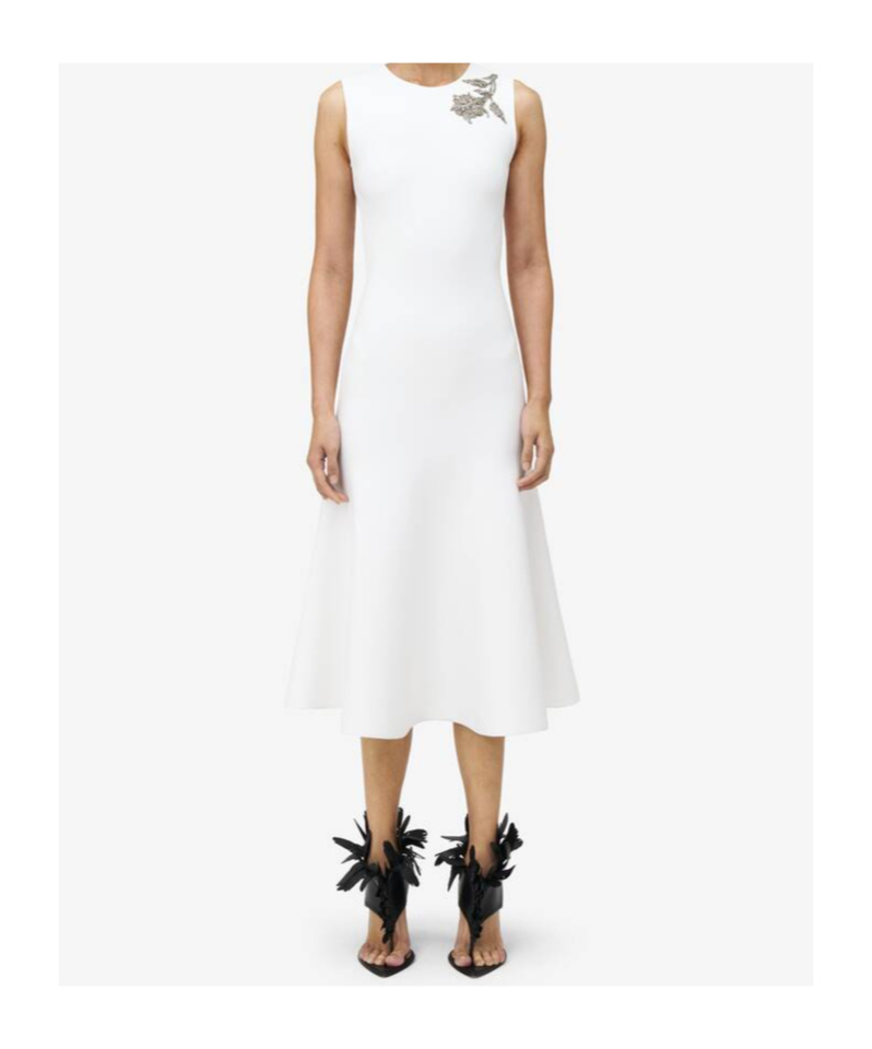 Alexander Mcqueen Mcqueen Banshee Embroidery A-line Midi Dress In Optical White