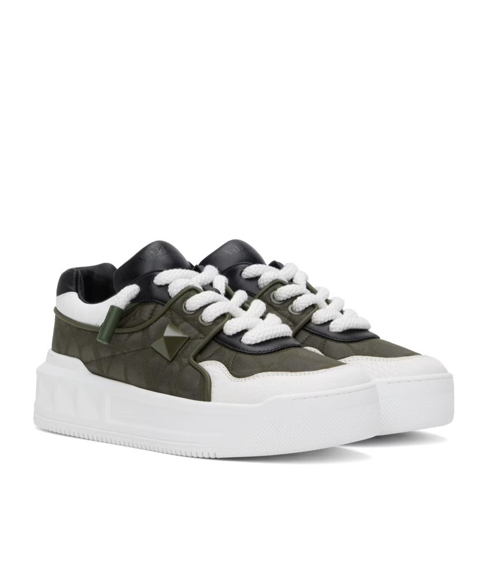 Valentino One Stud Xl Low-top Sneaker In Nappa Leather And Jacquard Toile Iconographe Technical Fabric In White