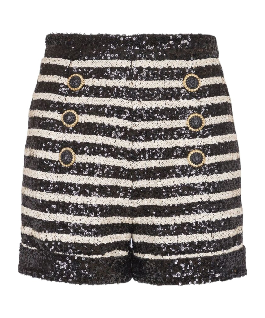 Balmain Black And White Striped Shorts With Jewel Buttons In All-over Sequins Fabric Woman In Black