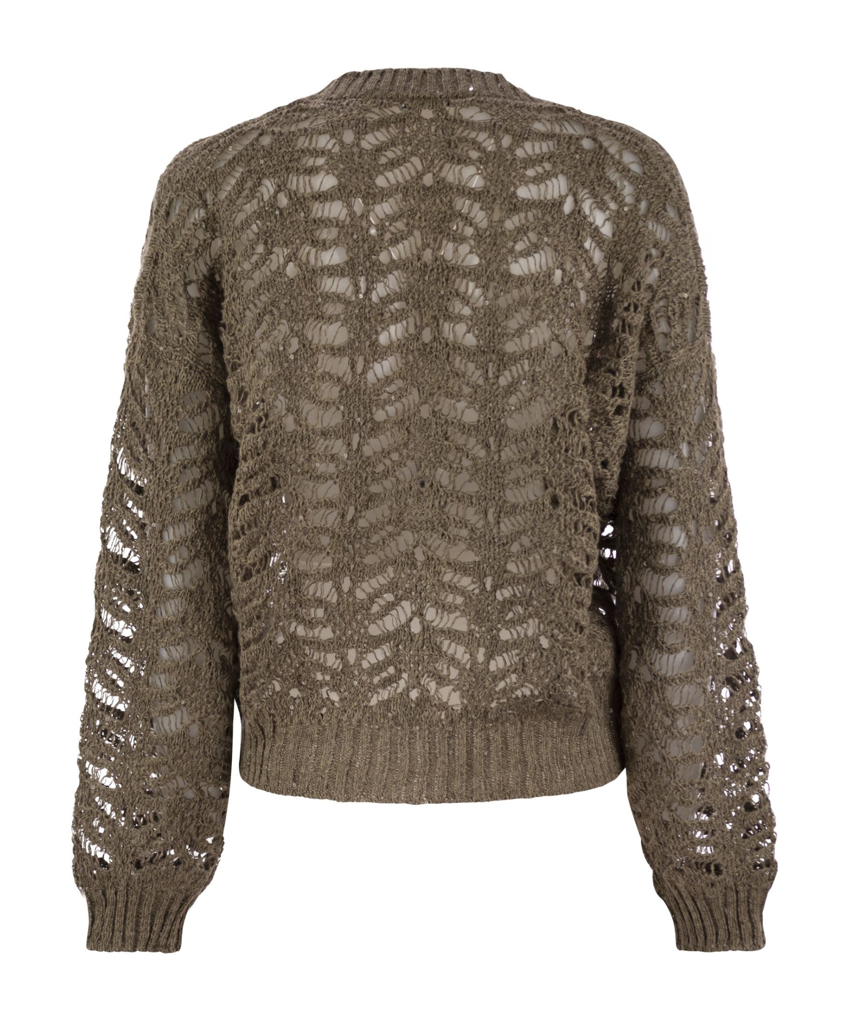 Brunello Cucinelli Foliage Lace Cardigan In Linen And Silk Diamante In Green